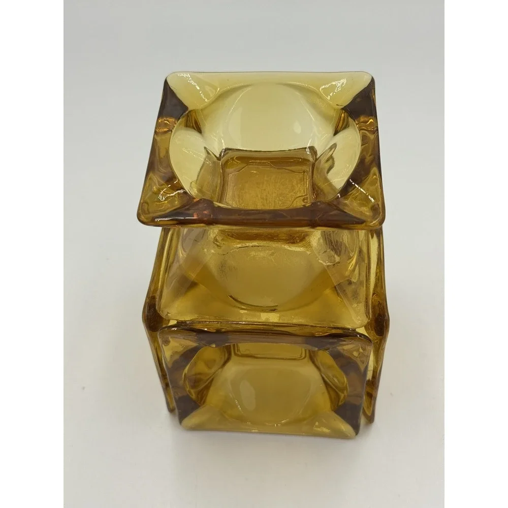 VTG Amber Glass Vase Heavy Square Cube Retro MCM Candle Holder Planter Retro